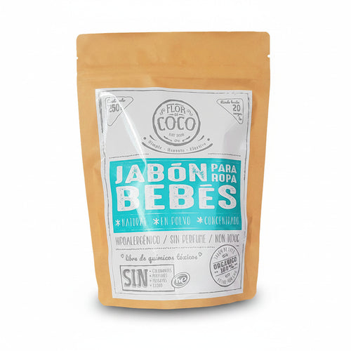 Flor de Coco baby clothes soap, 250g pouch. Natural, concentrated powder, hypoallergenic, perfume-free, non-toxic, and free of harsh chemicals.