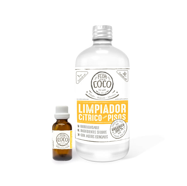 Flor de Coco natural citrus floor cleaner with organic coconut soap and essential oils. Biodegradable and safe.