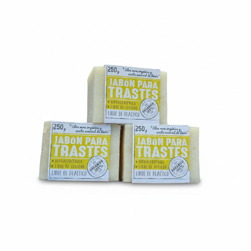Flor de Coco organic dish soap bars with aloe vera and lemon essential oil, 250g each. Hypoallergenic, toxin-free, plastic-free.