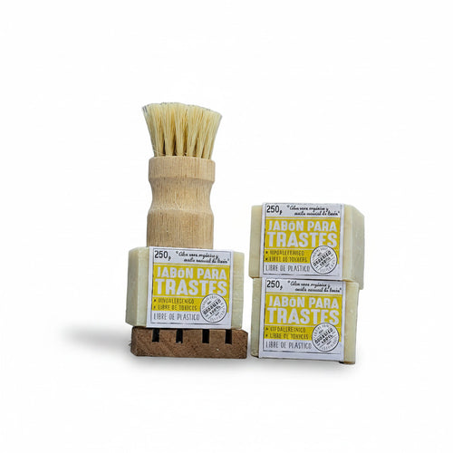 Flor de Coco organic dish soap bars with natural brush and wooden soap dish. Lemon and aloe vera scented.