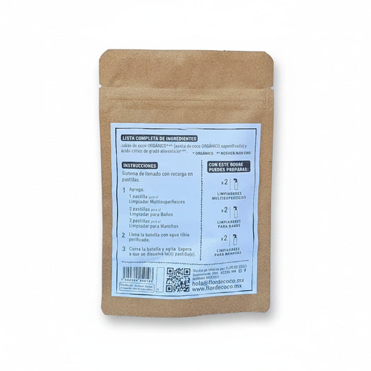 Flor de Coco 6 refill tablets for multi-surface, bath, and stain cleaners. Eco-friendly, organic, vegan.