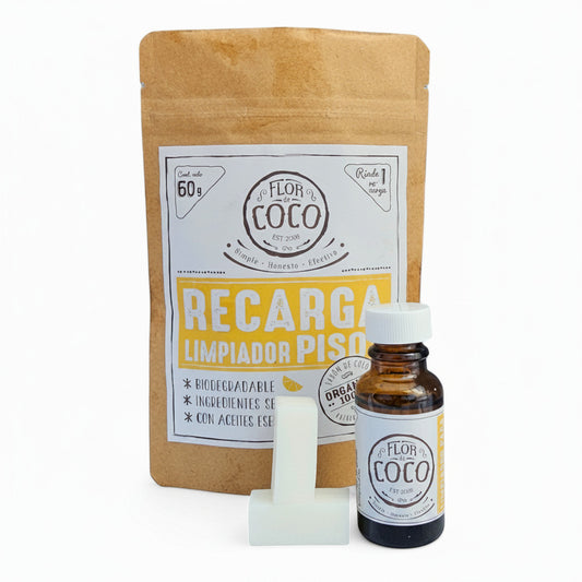 Flor de Coco citrus floor cleaner refill with soap bars and essential oil. Biodegradable, natural ingredients.