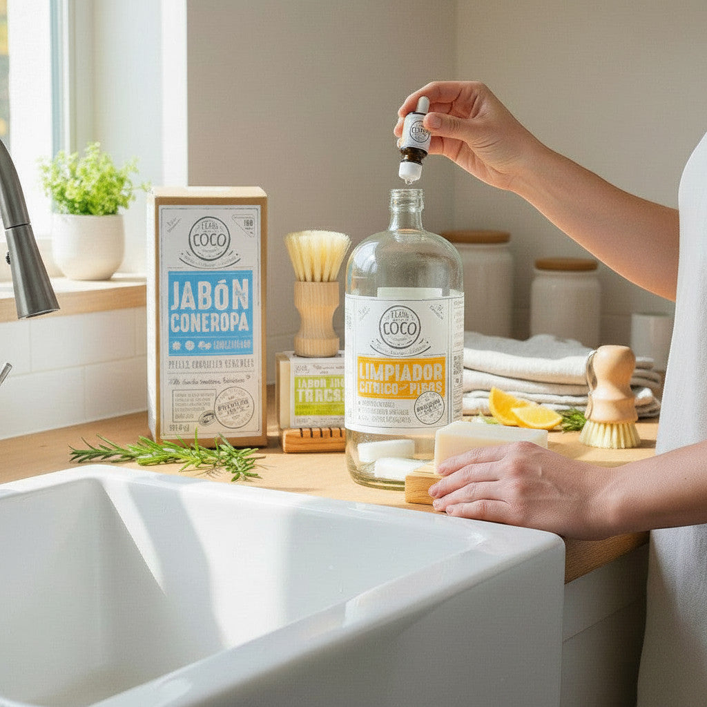 Flor de Coco citrus floor cleaner refill kit with soap tablets and essential oils, natural ingredients.