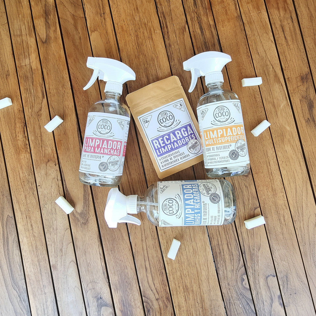 Flor de Coco 6 refill pack for organic cleaning sprays: multi-surface, bathroom, and stain removers. Eco-friendly.