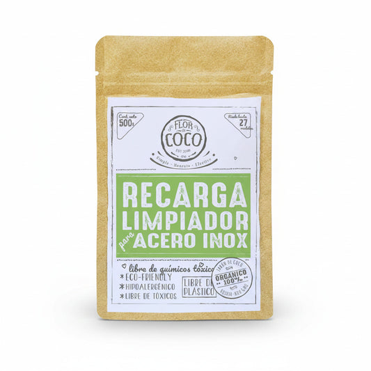 Flor de Coco 500g refill pouch for natural multi-purpose cleaner, ideal for stainless steel. Eco-friendly, hypoallergenic, and free of toxins.