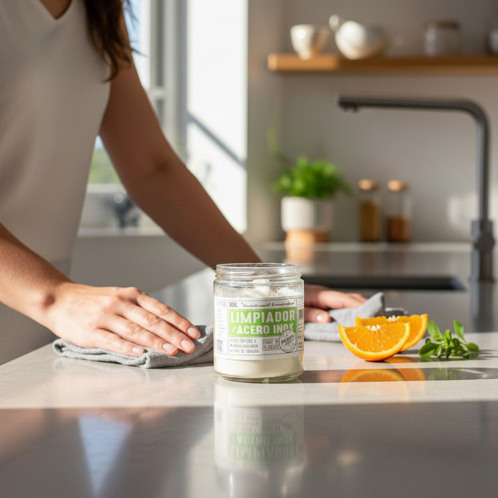 Flor de Coco natural multi-purpose cleaning paste in a glass jar on a kitchen counter, with oranges and mint.