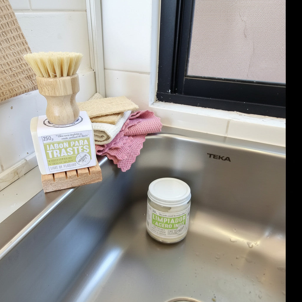 Flor de Coco natural multi-purpose cleaning paste in a glass jar, made with food-grade ingredients and orange essential oil.