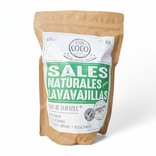 Flor de Coco natural dishwasher detergent powder, 850g bag, free of perfumes, leaves dishes clean and shiny.