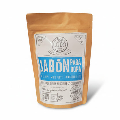 Flor de Coco natural laundry soap powder, 250g pouch. Ideal for sensitive skin, fragrance-free, and free from toxic chemicals.