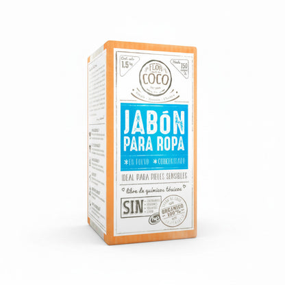 Flor de Coco 1.5kg natural laundry soap powder, ideal for sensitive skin, free from toxic chemicals.
