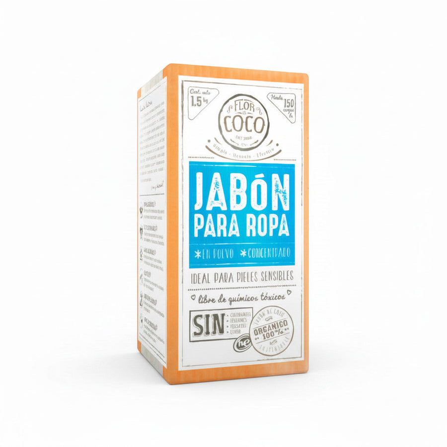 Flor de Coco 1.5kg natural laundry soap powder, ideal for sensitive skin, free from toxic chemicals.
