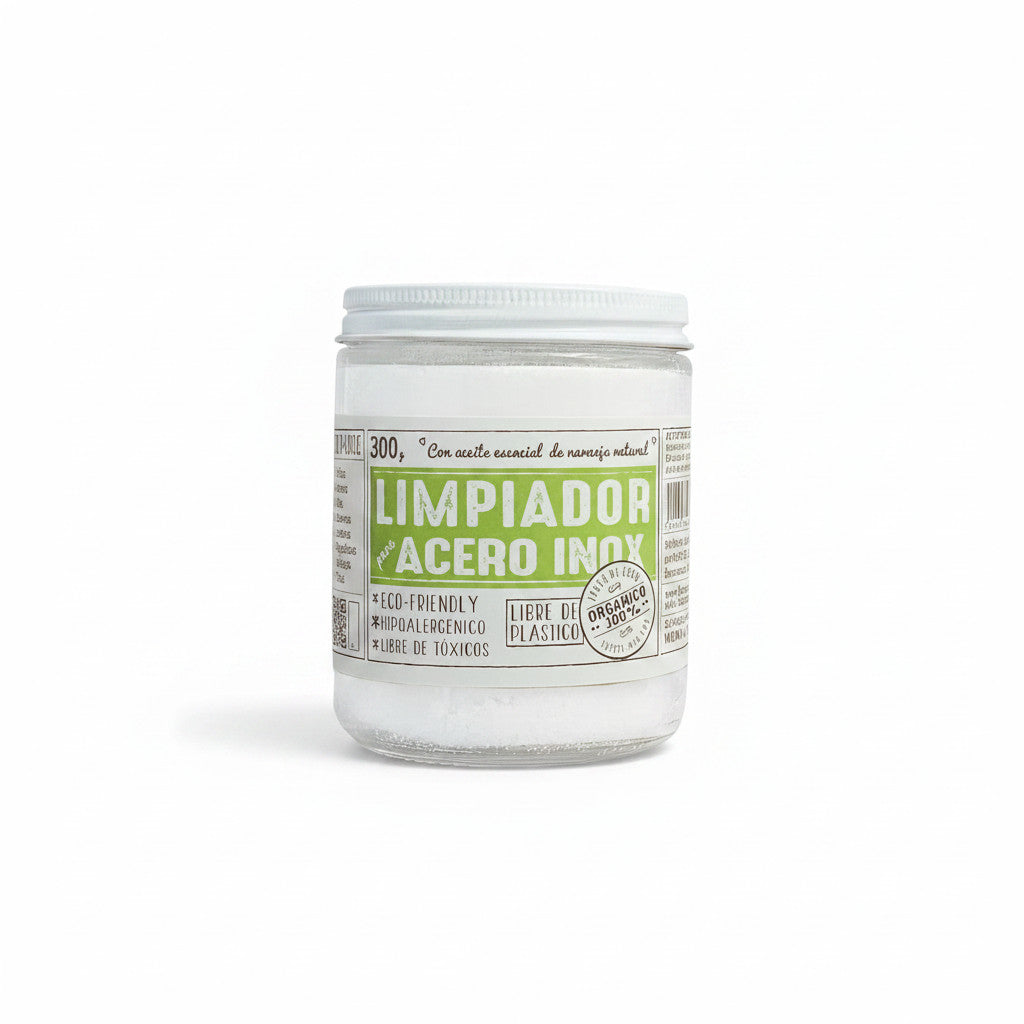 Flor de Coco natural multi-purpose cleaner paste for stainless steel with orange essential oil. Eco-friendly, hypoallergenic, non-toxic.