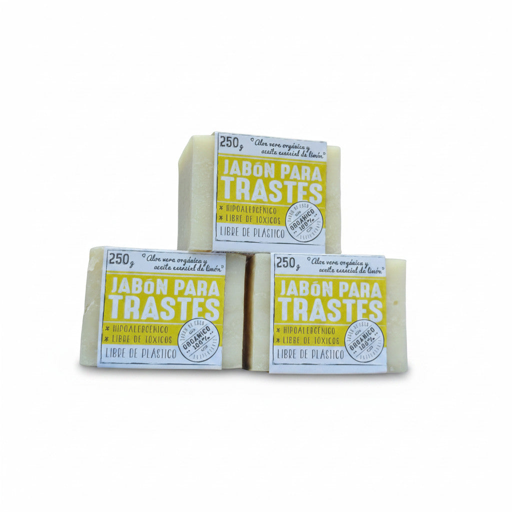 Flor de Coco organic dish soap bars with aloe vera and lemon essential oil, 250g each. Hypoallergenic, toxin-free, plastic-free.