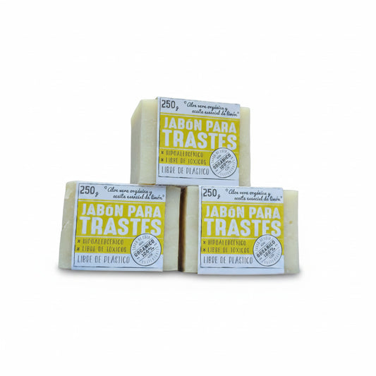 Flor de Coco organic dish soap bars with aloe vera and lemon essential oil, 250g each. Hypoallergenic, toxin-free, plastic-free.