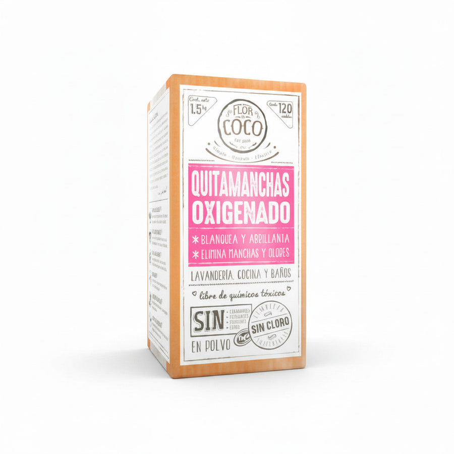 Flor de Coco 1.5kg oxygenated stain remover powder, whitens, brightens, and eliminates stains and odors. Chlorine-free.