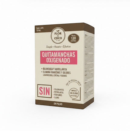 Flor de Coco 1.5kg oxygenated stain remover powder, chlorine-free, for laundry, kitchen, and bathrooms.