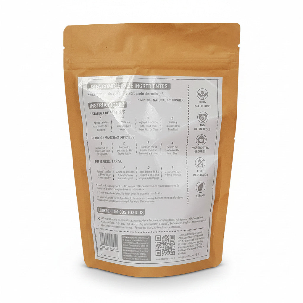 Flor de Coco natural oxygenated stain remover powder, 250g bag with 12 loads. Safe for colors, biodegradable, hypoallergenic.