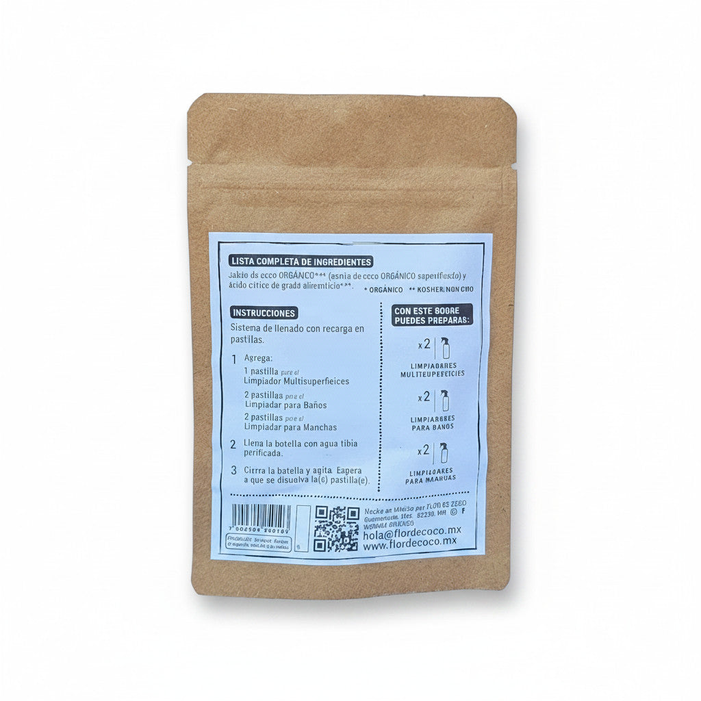 Flor de Coco 6 refill tablets for multi-surface, bath, and stain cleaners. Eco-friendly, organic, vegan.