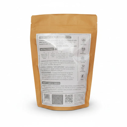 Flor de Coco natural laundry soap 250g pouch with instructions and ingredient list. Hypoallergenic, biodegradable, vegan.
